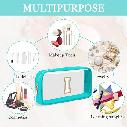 Small Clear Personalized Initial Makeup Bag,Nylon Preppy A-Z Chenille Letter Patch Cosmetic Pouch Beach Toiletry Bag,Waterproof Zipper Travel Purse Storage Bag Organizer for Women Girls(Cyan-White I)