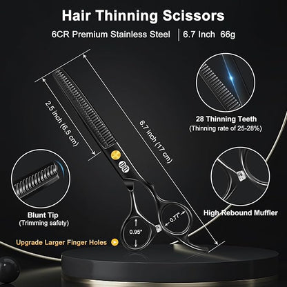 CIICII Hair Cutting Scissors Shears Kit, Professional Barber Haircut Scissors Set (6.7 Inch Hair Beard Hairdressing Trimming Haircutting Thinning Shears) for Men Women Hairdresser Home Salon (Black)