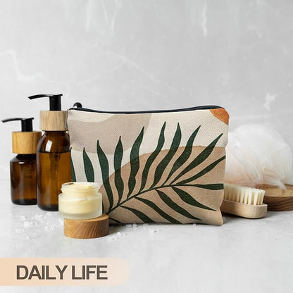 Abstract Boho Botanical Makeup Bag, Tropical Palm Leaf Cosmetic Bags for Women, Boho Gifts for Women, Minimalist Modern Plant Zipper Makeup Pouch