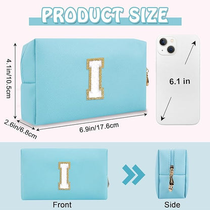 Personalized Small Initial Preppy Makeup Bag, Cute Blue Chenille Letter Cosmetic Organizer Toiletry Travel Pouch, Waterproof Portable PU Monogram Make Up Bag Case Gift for Women Friends Her(Letter I)