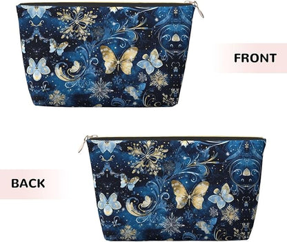 Womens Leather Makeup Bag Cosmetic Bag Travel Toiletry Bags Make Up Bags for Women Adult (Christmas Snowflakes Butterfly-21)