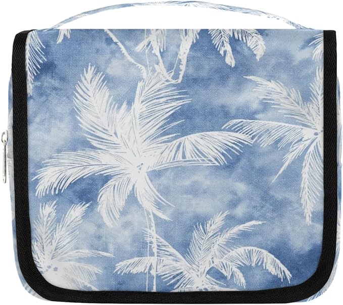 Vintage Blue Palm Hanging Travel Toiletry Kit Bag with Hook for Men and Boys, Beach Tropical Tree Makeup Case Waterproof Cosmetic Bag Storage Bag Organizer for Accessories Toiletries