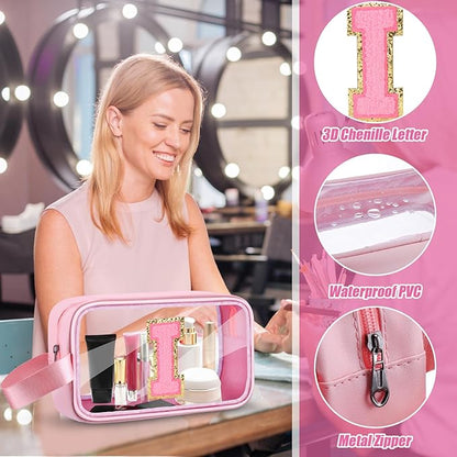 Initial Makeup Bag,Letter I Cute Clear Monogrammed Cosmetic Travel Bag for Womens Girls,Personalized Pink Aesthetic Traveling Make Up Organizer Bag for Beach,Waterproof Toiletry Bag