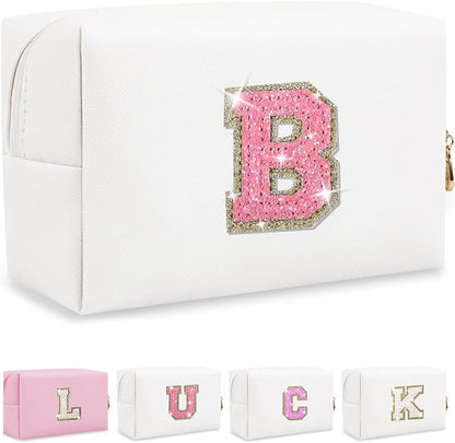 Personalized Initial Letter Makeup Bag, Preppy Glitter Letter Patch Cosmetic Pouch Zipper,PU Waterproof Travel Toiletry Bag Cute Makeup Organizer Monogrammed Make Up Bag,Gift for Women Girls(Letter B)