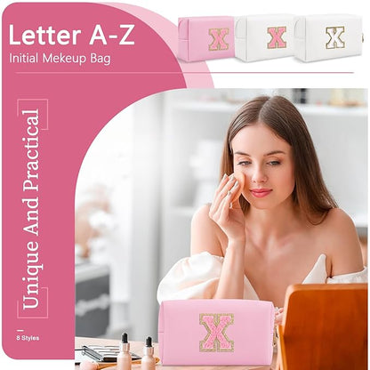 Personalized Initial A-Z Preppy Patch Makeup Bag,Small PU Leather Chenille Letter Cosmetic Bag with Zipper for Teen Girls,Pink Cute Travel Toiletry Bag,Birthday Monogrammed Gift for Daughter,Letter X