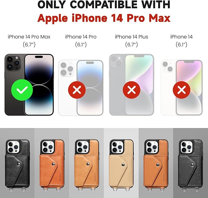 LUCKYCOIN Crossbody Wallet Phone Case for iPhone 14 Pro Max,100% Genuine Leather Wallet Phone Case with Expandable Flip Card Holder,Phone Purse for Women with Adjustable Removable Strap - Black