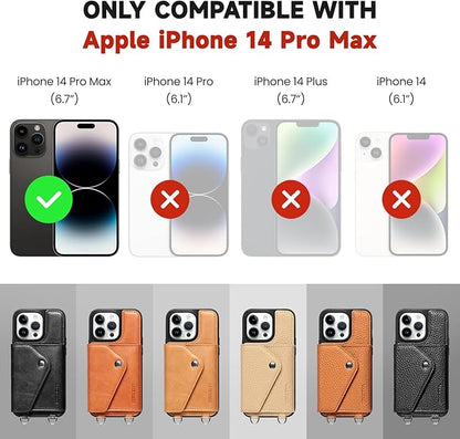 LUCKYCOIN Crossbody Wallet Phone Case for iPhone 14 Pro Max,100% Genuine Leather Wallet Phone Case with Expandable Flip Card Holder,Phone Purse for Women with Adjustable Removable Strap - Brown