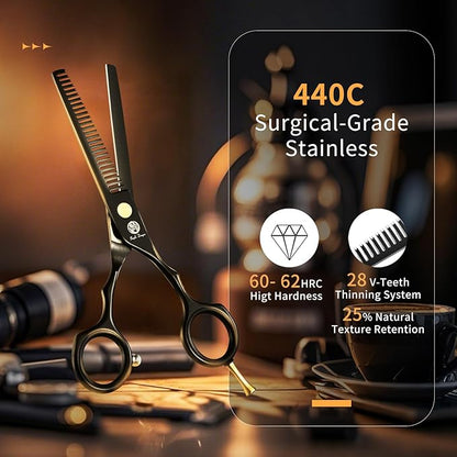 Purple Dragon 5.5 inch Hair Cutting Scissors Set with Razor, Leather Scissors Case, Barber Hair Cutting Shears Hair Thinning/Texturizing Shears for Professional Hairdresser or Home Use (Black)
