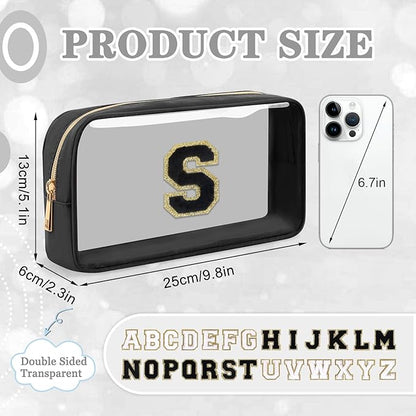 Small Clear Personalized Initial Makeup Bag,Nylon Preppy A-Z Chenille Letter Patch Cosmetic Pouch Beach Toiletry Bag,Waterproof Zipper Travel Purse Storage Bag Organizer for Women Girls(Black-Black S)