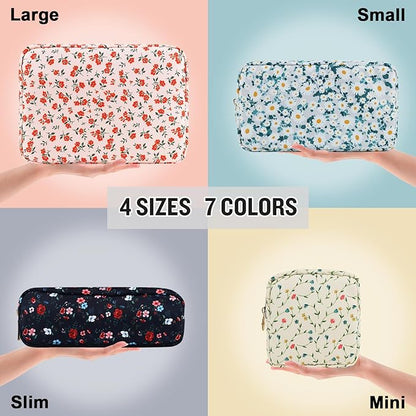 Nylon Small Floral Makeup Bag Slim Pouch, Preppy Cute Makeup Brush Bag Pink Makeup Bag Flower Cosmetic Zipper Pouch for Purse, Waterproof Travel Toiletry Bag Make Up Organizer for Women(Pink-Floral)