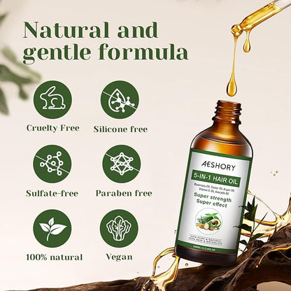 Aeshory Hair Oil - 5 IN 1 Hair Care Oil with Rosemary, Castor, Argan, Vitamin E, and Avocado for Hair Growth and Strengthening - Nourishing and Volumizing 3.38 fl oz