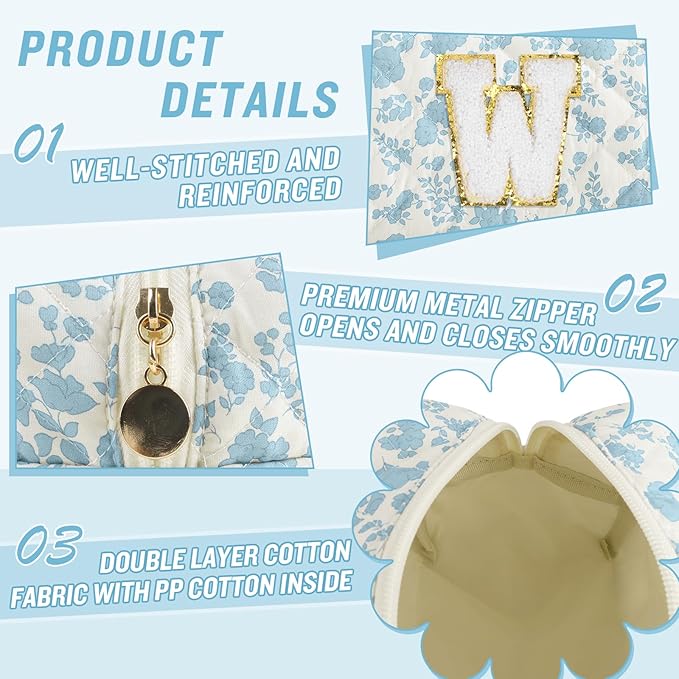 Personalized Quilted Cosmetic Bag, Puffy Monogrammed Christmas Birthday Gifts for Women & Girls, Cute initial Floral Makeup Bag Puffer Coquette Bag, Aesthetic Travel Toiletry Zipper Pouch(Blue,W)