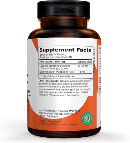 Pomona Wellness Organic Turmeric Supplement 2100 mg, USDA Organic, Non-GMO, Vegan, Turmeric Curcumin with Black Pepper for Absorption, for Joint Support and Immunity, 90 Tablets