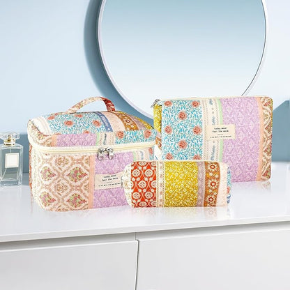 3Pc Cotton Quilted Makeup Bags for Women Large Small Coquette Floral Travel Cosmetic Bag Set Aesthetic Cute Flower Makeup Pouch Portable Toiletry Bag Puffy Essential Storage Organizer Bag
