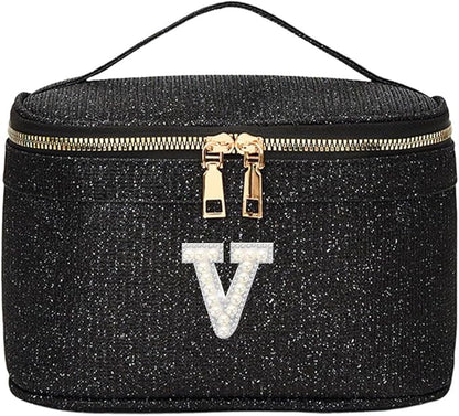 EURYNOME Makeup Bag with Custom Letter V, Water-Resistant Travel Organizer Pouch, (8.3x5.1x5.1 Inch) Cosmetic Case for Women