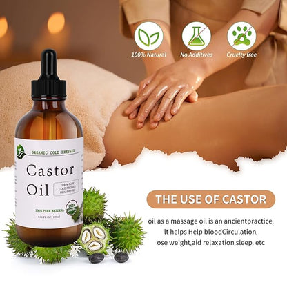 Castor Oil-Castor Oil Organic Cold Pressed Unrefined Glass Bottle-Organic Certified 100% Pure Castor Oil,Hexane Free,Organic Castor Oil for Face,Hair Growth,Eyelashes,Caster 4.23fl.oz/120ml