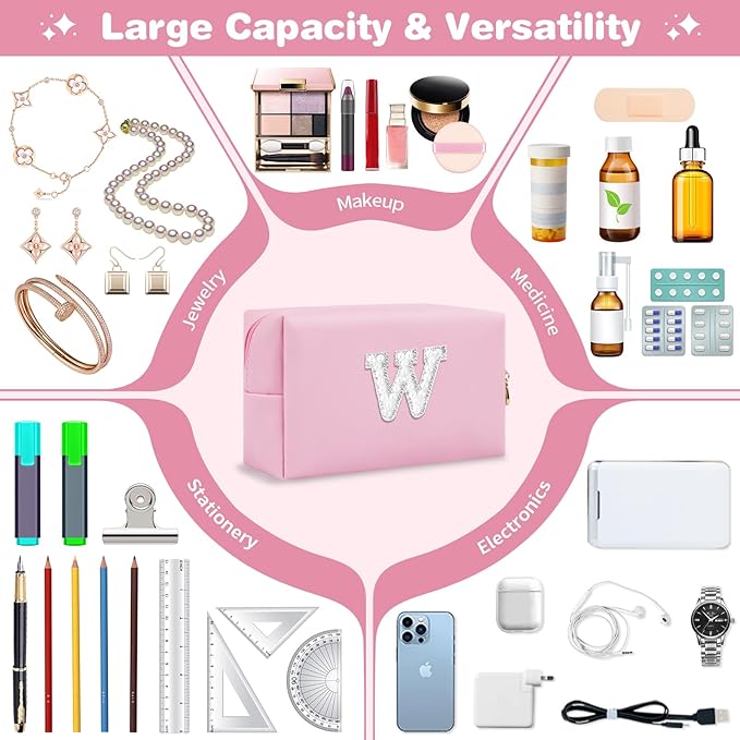 ChaoGreat Bride Gifts – Personalized Initial Makeup Bag with Pearl Rhinestone Patch, Preppy Pink Monogram Cosmetic/Toiletry Pouch, bridesmaid Gifts, Bridal Shower Gifts, Wedding Gifts, Bridal Gifts,W