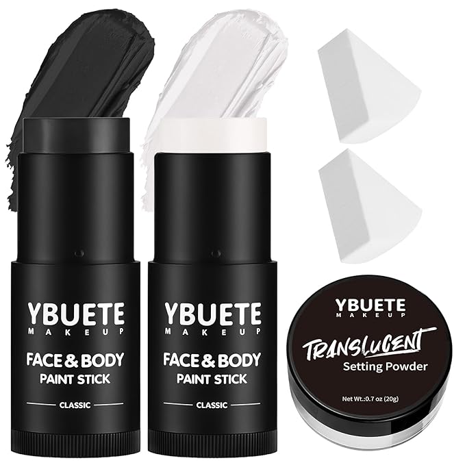 White Black Face Body Paint Stick Set with Translucent Setting Powder and Sponges, Professional Full Coverage Face Painting for Adults Halloween Cosplay SFX Skull Zombie Skeleton Goth Makeup