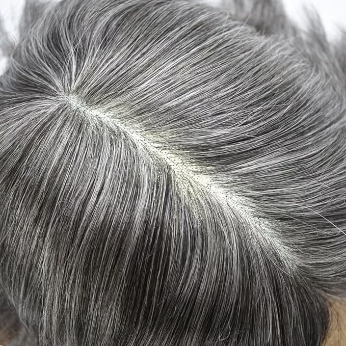 FACE MIRACLE Hair System for Men French Lace Mens Toupee Human Hair Replacement System Lace with PU Toupee for Men Male Hair Piece Wigs 7"X9" #1B60 Off Black with 60% Gray