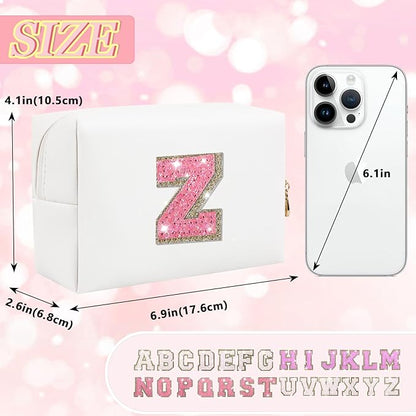 Initial Letter Patch Makeup Bag, Preppy Glitter Letter Pouch Cosmetic Bag,Small PU Travel Toiletry Bag Zipper,Personalized Monogrammed Gift for Friends Sister,Cute Stuff for Women Teen Girls(Letter Z)