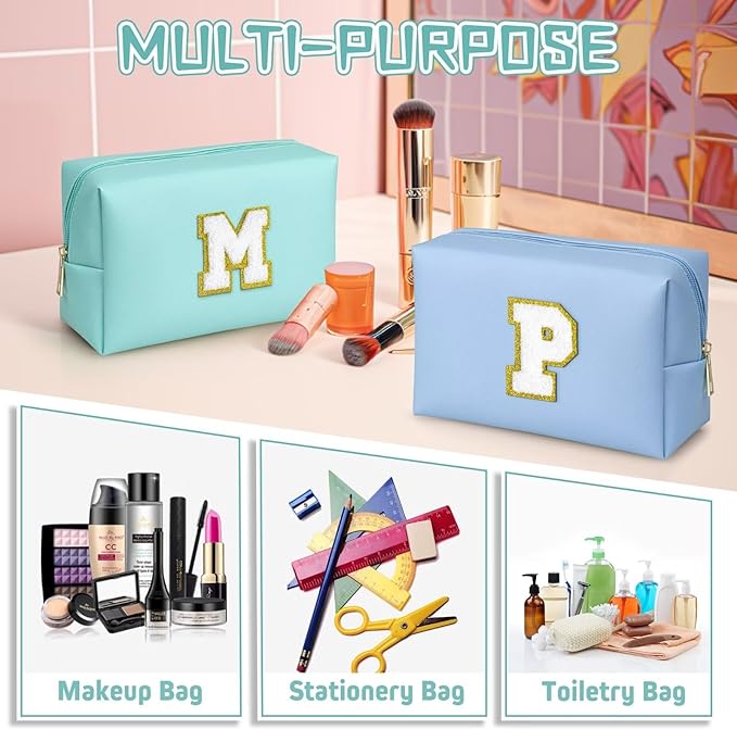 TOPEAST Preppy Bag, Monogrammed Makeup Bags with Zipper, Cute Makeup Pouch, Initial Birthday Gifts Bag for Daughter Friends Sister, Preppy Things for Girls (Blue H)