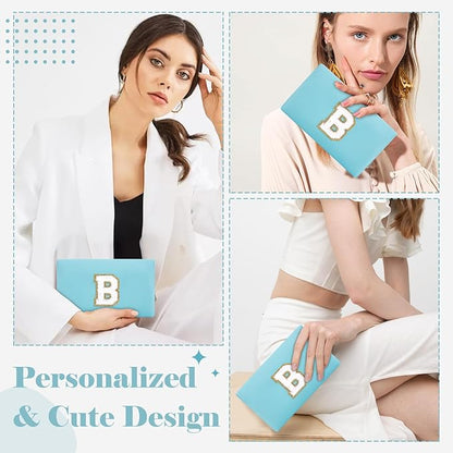 Small Personalized Initial A-Z Preppy Patch Makeup Bag,PU Chenille Letter Travel Cosmetic Pouch with Zipper,Blue Cute Toiletry Bag,Gift Ideal for Teen Girls Women Teacher Bridesmaid,Letter B