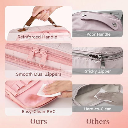 MOKURA Quilted Makeup Bag, Large Capacity Cosmetic Bag with Jewelry Organizer, Portable Make up Pouch, Waterproof Travel Toiletry Case with Compartments, Gifts for Women Girls, Pink
