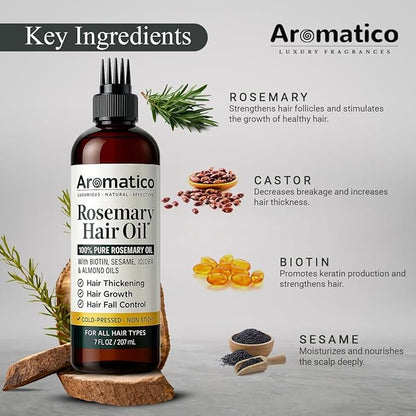 100% Pure Rosemary Oil for Hair Growth, Hair-fall Control & Hair Thickening. Enriched with Sesame, Jojoba & Almond Oils. Non-Sticky Texture. With Applicator Cap - 7 Fl Oz