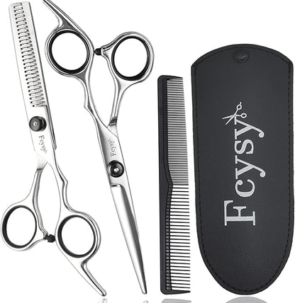 Fcysy Professional Hair Cutting Scissors Set, Barber Shears Kit, 6 Inch Stainless Steel Thinning Shears, Trimming Scissors for Men Women