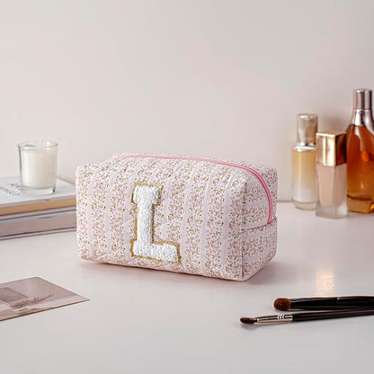 JOVAKIT Makeup Bag Cosmetic Bags for Women, Christmas Gifts for Girls Age 6-18, Alphabet Pink Floral Coquette Zipper Travel Makeup Pouch, Organizer Case Trendy Stuff (Pink+ Blue L)