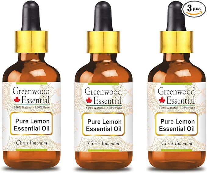 Greenwood Essential Pure Lemon Essential Oil (Citrus limonum) with Glass Dropper Steam Distilled (Pack of Three) 100ml X 3 (10.1oz)