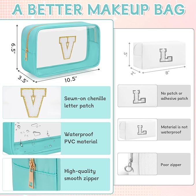 Personalized Initial Clear Makeup Bag, Travel Chenille Patch Cosmetic Bag, Preppy Toiletry Bag Monogram Cosmetic Pouch with Zipper, Ideal Gift for Teen Girls Women (Clear-Green, V)