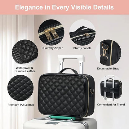 Makeup Case with LED Light Mirror, Professional Portable Travel Cosmetic Organizer Bah with Adjustable Dividers, USB Charging, Large Capacity, Ideal for Travel, Gift for Women Girls, Black