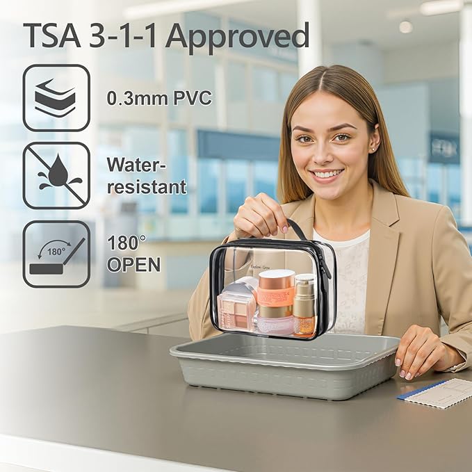 PACKISM Clear Makeup Bag - 2 Pack TSA Approved Toiletry Bag with Handle and 180° Large Opening, Clear Toiletry Bag Fit Carry-on Travel Essential, Travel Bags for Toiletries, Black