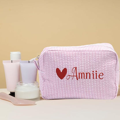 Custom Makeup Bag Personalized Cosmetic Bag Cute Seersucker Travel Toiletry Bag for Women Embroidered Bag Organizer for Bride Makeup Bag Gift Yellow