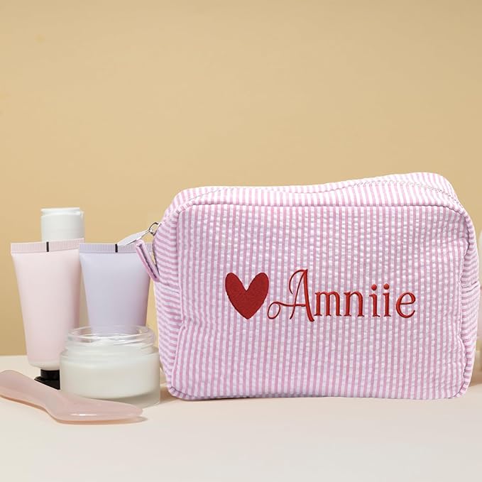 Custom Makeup Bag Personalized Cosmetic Bag Cute Seersucker Travel Toiletry Bag for Women Embroidered Bag Organizer for Bride Makeup Bag Gift Turquoise