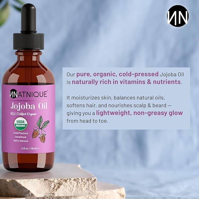 Natnique Organic Jojoba 4oz – USDA Certified, Cold Pressed, Unrefined & Hexane-Free – Pure Moisturizer for Hair Growth, Face, Skin, Beard, Scalp, Nails & Cuticles – Natural Facial, Body & Massage Care