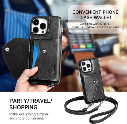 LUCKYCOIN Crossbody Wallet Phone Case for iPhone 14 Pro Max,100% Genuine Leather Wallet Phone Case with Expandable Flip Card Holder,Phone Purse for Women with Adjustable Removable Strap - Black