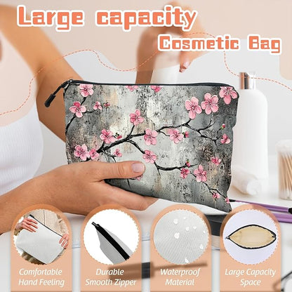 Cosmetic Bags Travel Makeup Toilet Case Waterproof Pouch for Women Girls 6.7X9.45inches - Beautiful Grey - Backdrop Flowers