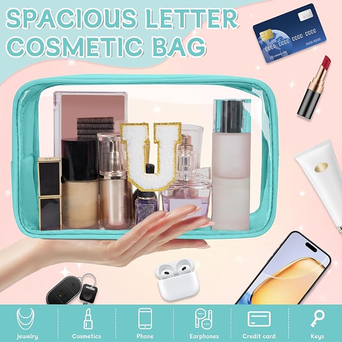 Personalized Initial Clear Makeup Bag, Travel Chenille Patch Cosmetic Bag, Preppy Toiletry Bag Monogram Cosmetic Pouch with Zipper, Ideal Gift for Teen Girls Women (Clear-Green, U)