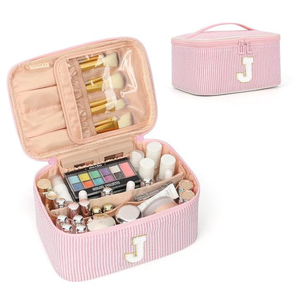 OCHEAL Makeup Bag for Women, Monogram Cosmetic Bag with Brush Holder, Pink Travel Makeup Case Beauty Toiletry Bag Organizer Personalized Gifts for Girls Bridesmaid, Sister, Wife, Friends Initial J