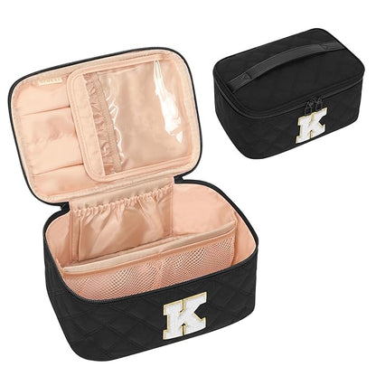 OCHEAL Makeup Bag for Women, Monogram Cosmetic Bag with Brush Holder,Black Travel Makeup Case Beauty Toiletry Bag Organizer Personalized Gifts for Girls Bridesmaid, Sister, Wife, Friends Initial K