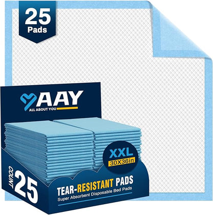 AAY Disposable Bed Pads 30"X36" (25pcs) Tear-Resistant Cloth Backing Underpads Super Absorbent Pee Pads Extra Large Premium Chucks for Adults Incontinence Pads Waterproof for Elderly, Kids or Puppy