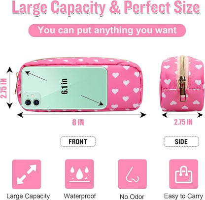 Nylon Slim Makeup Bag, Pink Heart Makeup Brush Case, Preppy Cosmetic Zipper Pouch for Purse, Travel Toiletry Bag Clutch Coin Pouch Makeup Organizer for Women Girls