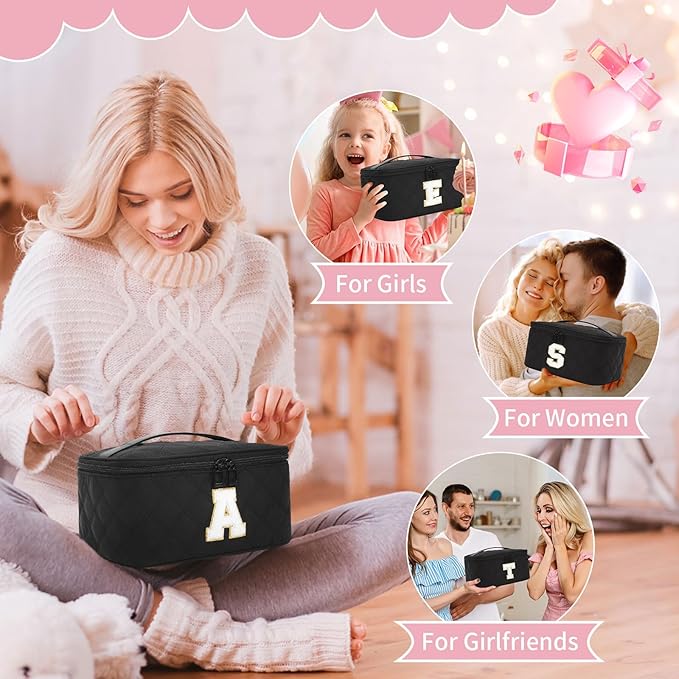 OCHEAL Makeup Bag for Women, Monogram Cosmetic Bag with Brush Holder,Black Travel Makeup Case Beauty Toiletry Bag Organizer Personalized Gifts for Girls Bridesmaid, Sister, Wife, Friends Initial A