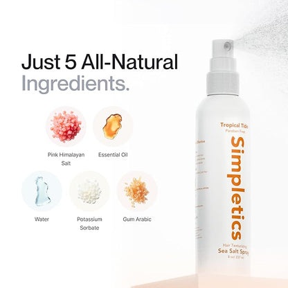 Simpletics Himalayan Sea Salt Hair Spray (Tropical Scent) – Natural 5-Ingredient Formula for Beach Waves & Volume – Light Hold, Non-Greasy, Paraben & Sulfate Free – Unisex 8 fl oz