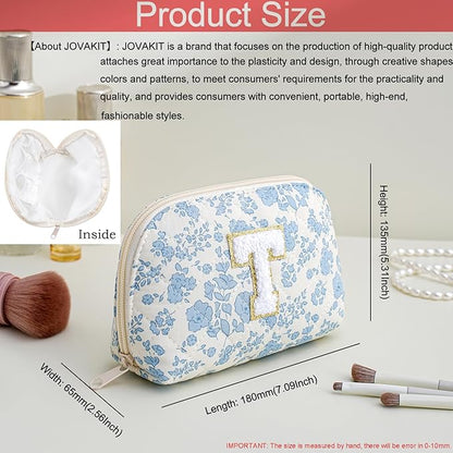 JOVAKIT Conch Alphabet Makeup Bag Cosmetic Bag for Women, Christmas Gifts for Women Girls, Blue Floral Coquette Travel Bag, Zipper Make Up Pouch Organizer Trendy Stuff (Blue Floral T)