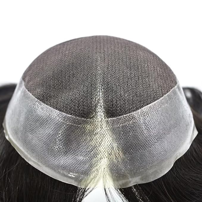 FACE MIRACLE Toupee for Men French Lace Hairpiece Human Hair Replacement System Skin PU Mens Toupee V-Looped Front Hair Piece 6"X8" #1B10 1B# OFF BLACK WITH 10% SYNTHETIC GREY-80% Light Density