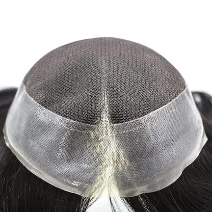 FACE MIRACLE Toupee for Men French Lace Hairpiece Human Hair Replacement System Skin PU Mens Toupee V-Looped Front Hair Piece 6X9#1B10 1B# OFF BLACK WITH 10% SYNTHETIC GREY-80% Light Density