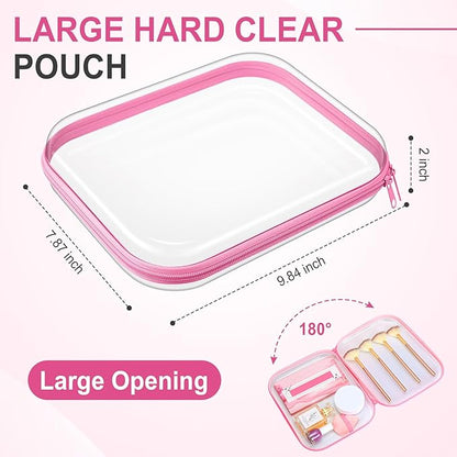 Sanwuta 6 Pcs Clear Hard Zipper Case Hard Plastic Zipper Pouches Makeup Bag Pencil Pouches Transparent Cases for Snacks Plastic Storage Organizer Box for Travel(Pink,9.84 x 7.87 x 2 Inch)